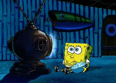 Cartoon character watching a telenovela on television with popcorn