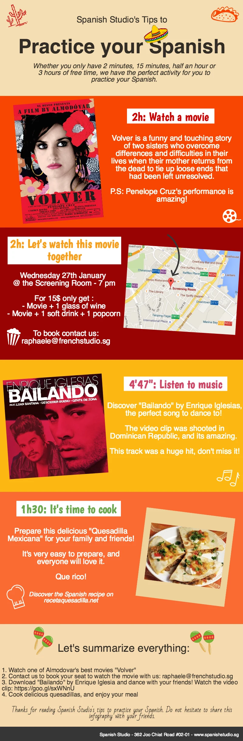 Spanish Studio infographic with event ideas to practise Spanish through film, music and cooking