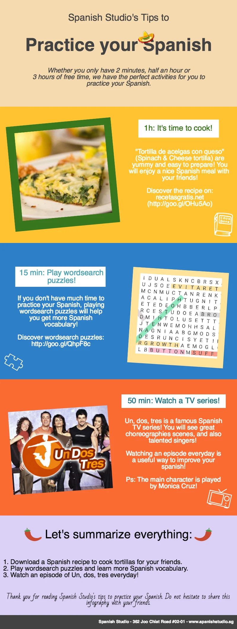 Spanish Studio infographic with Spanish practice ideas: cooking, word-search puzzles and TV